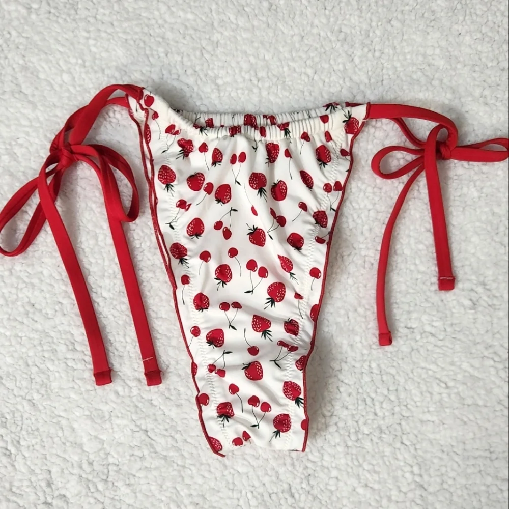 New! Frankie Bikini Summer Berries  Strawberry Print Bikini Bottom with Red Ties